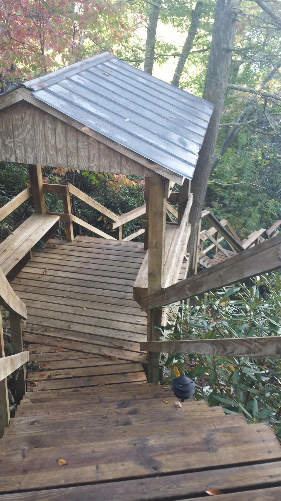 Metal roofed shelter over wooden steps on a wooded walkway — Skylight Repair & Installation work by our crew in Rose Creek
